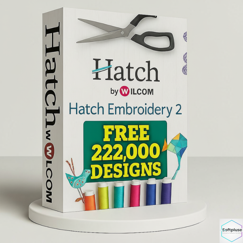 Hatch by WILCOM embroidery software packaging with scissors and thread on a white background